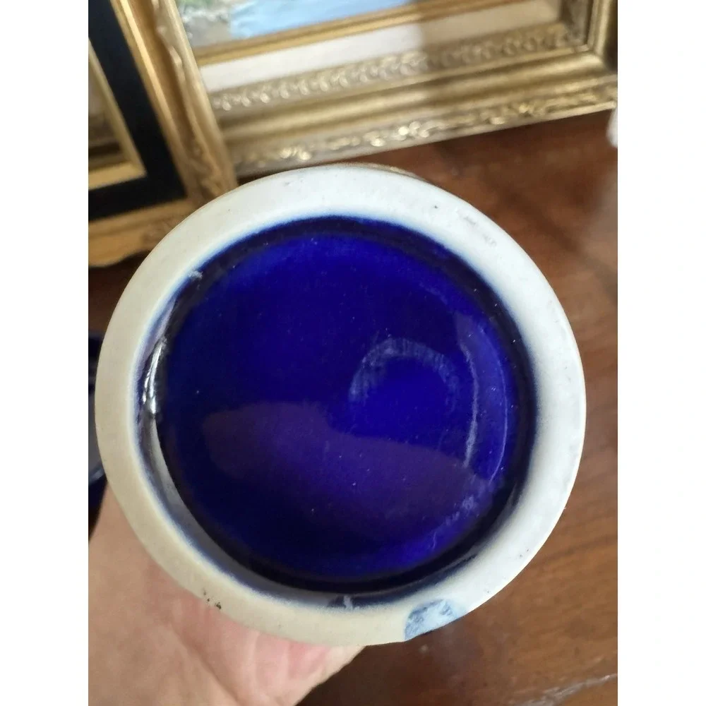 Vintage Japanese Cobalt Blue Peacock Porcelain Vase & Lidded‎ Trinket Box Set